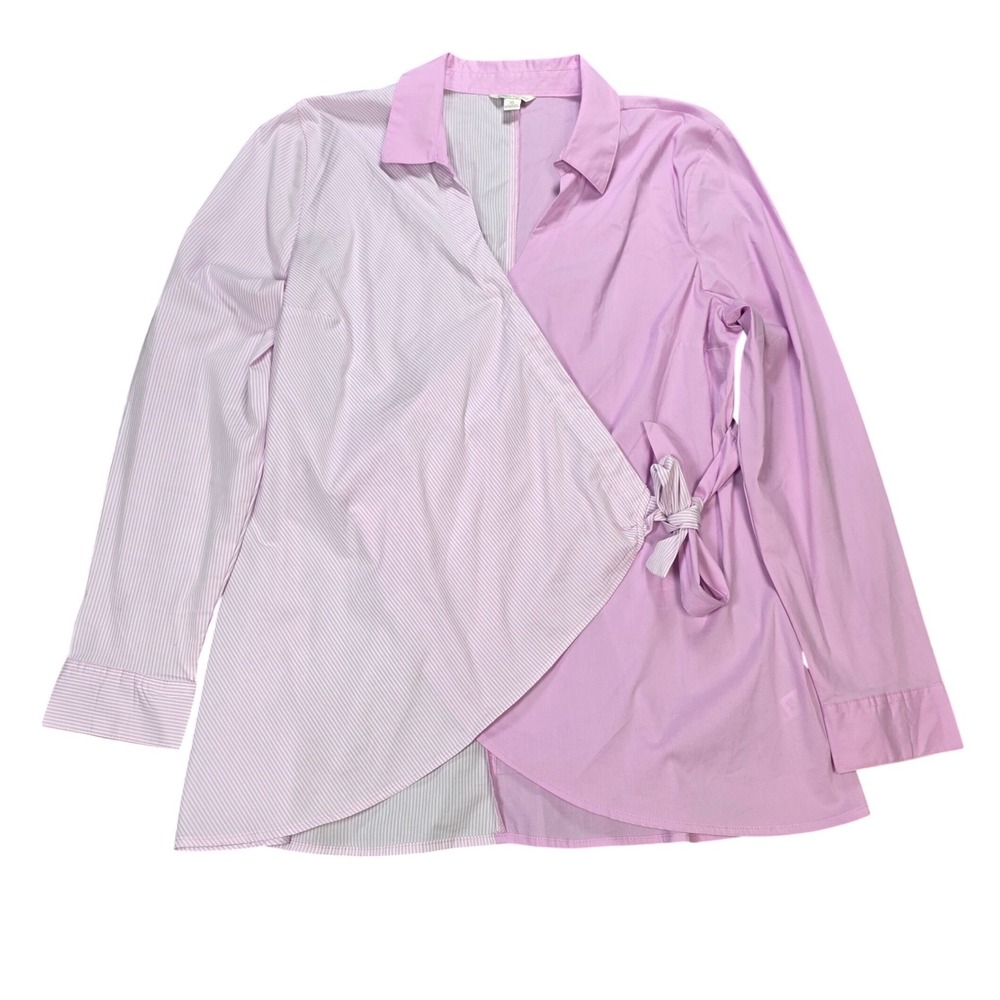 Cato Colorblock Wrap Blouse Women's Size XL Lavender Pinstripe  Long Sleeve Tie